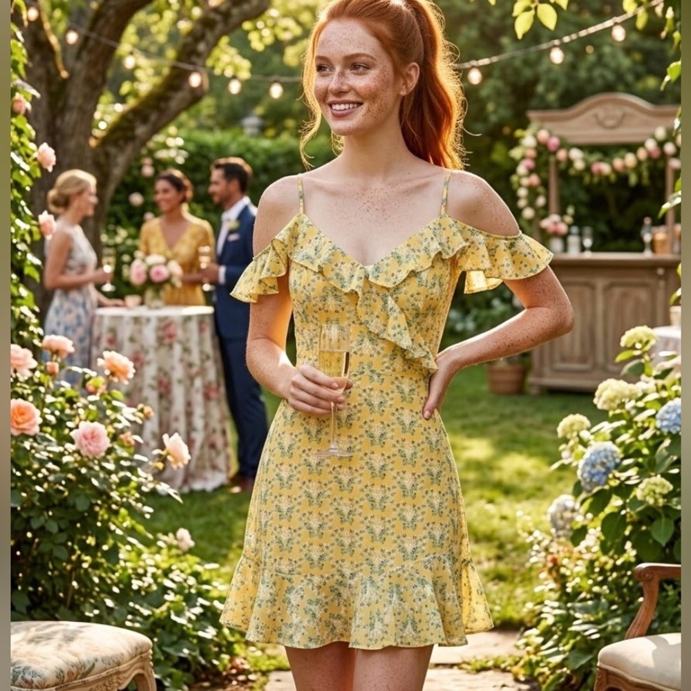 Plumberry Yellow Floral Ruffle Sipping Tea in the Garden Dress - Size Small